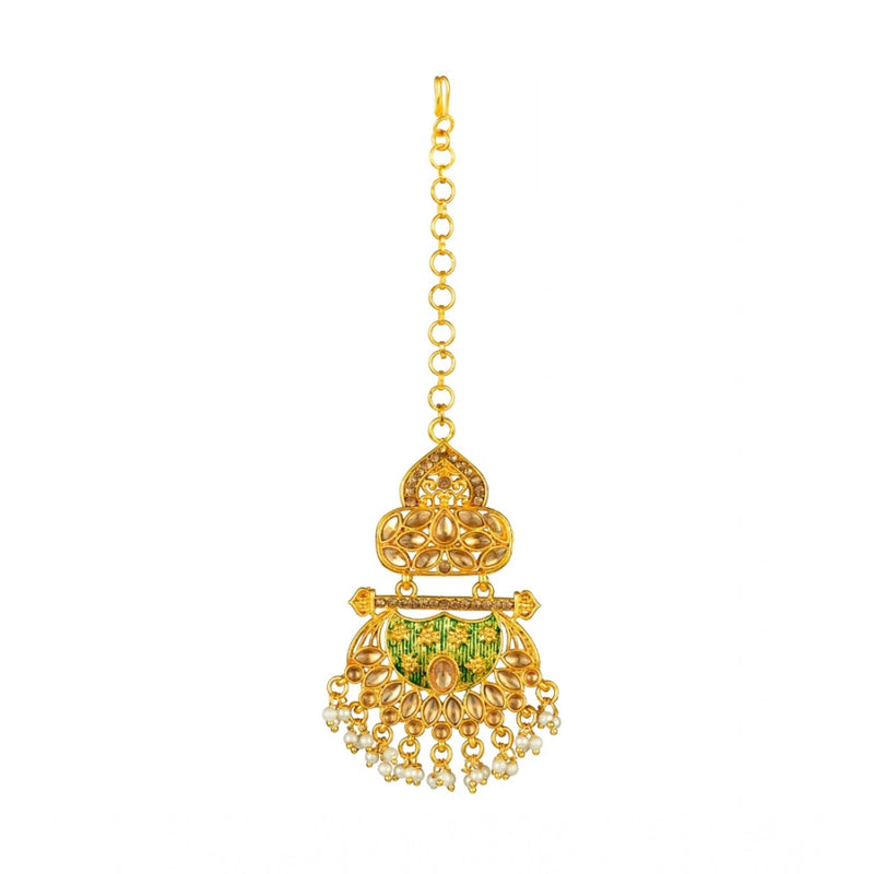 Mayawye Women's Rose Gold Plated Alloy Kundan Earrings & Mangtikka (Green)