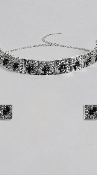 Mayawye Women's Rose Gold Plated Alloy Necklace & Earings Set (Silver & Black)