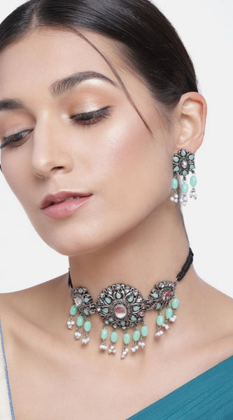 Mayawye Women's Rose Gold Plated Alloy Necklace & Earings Set (Light Green)