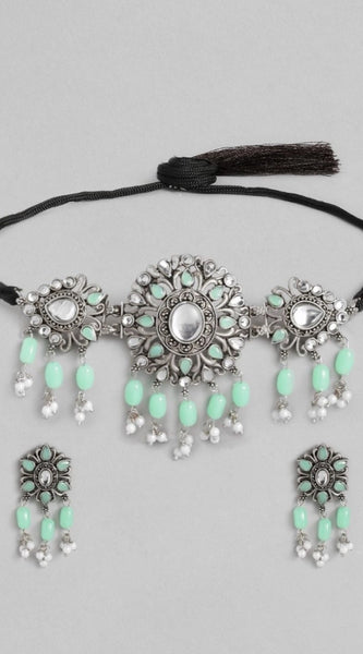 Mayawye Women's Rose Gold Plated Alloy Necklace & Earings Set (Light Green)