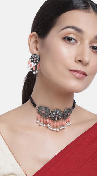 Mayawye Women's Rose Gold Plated Alloy Necklace & Earings Set (Orange)