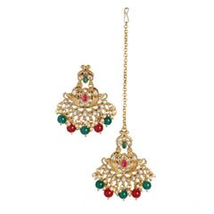 Mayawye Women's Rose Gold Plated Alloy Kundan Earrings & Mangtikka (Red & Green)
