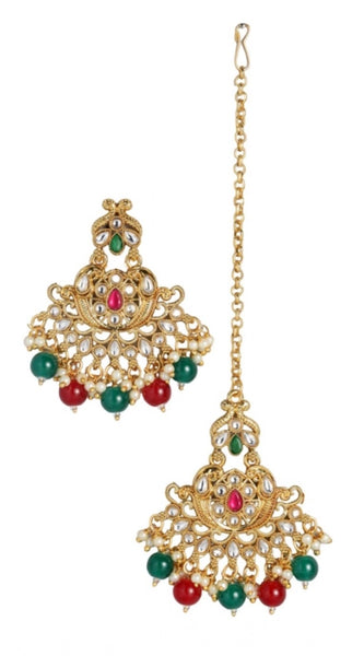 Mayawye Women's Rose Gold Plated Alloy Kundan Earrings & Mangtikka (Red & Green)