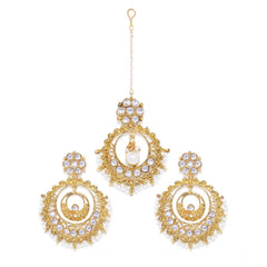 Mayawye Women's Rose Gold Plated Alloy Kundan Earrings & Mangtikka (White)