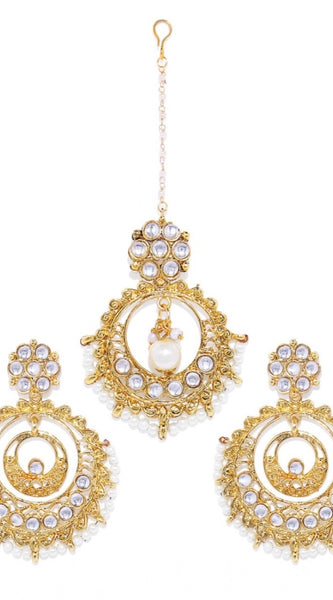 Mayawye Women's Rose Gold Plated Alloy Kundan Earrings & Mangtikka (White)