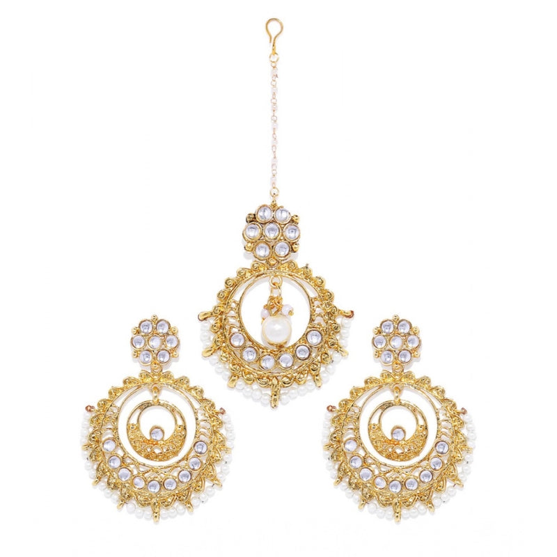 Mayawye Women's Rose Gold Plated Alloy Kundan Earrings & Mangtikka (White)