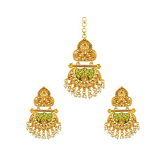 Mayawye Women's Rose Gold Plated Alloy Kundan Earrings & Mangtikka (Green)