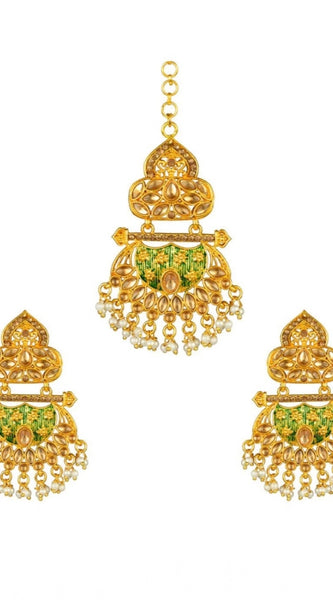 Mayawye Women's Rose Gold Plated Alloy Kundan Earrings & Mangtikka (Green)