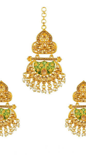 Mayawye Women's Rose Gold Plated Alloy Kundan Earrings & Mangtikka (Green)