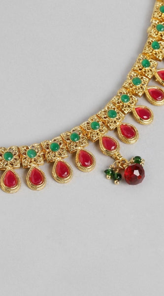Mayawye Women's Rose Gold Plated Alloy Necklace & Earings Set (Green & Red)
