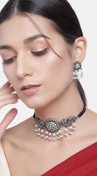 Mayawye Women's Rose Gold Plated Alloy Necklace & Earings Set (Silver & White)