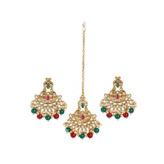 Mayawye Women's Rose Gold Plated Alloy Kundan Earrings & Mangtikka (Red & Green)