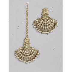 Mayawye Women's Rose Gold Plated Alloy Kundan Earrings & Mangtikka (White)