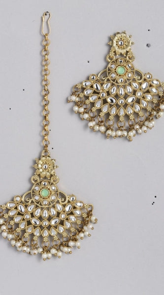 Mayawye Women's Rose Gold Plated Alloy Kundan Earrings & Mangtikka (White)