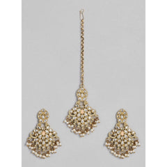 Mayawye Women's Rose Gold Plated Alloy Kundan Earrings & Mangtikka (White)