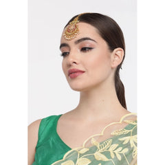 Mayawye Women's Rose Gold Plated Alloy Kundan Earrings & Mangtikka (Maroon)