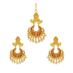 Mayawye Women's Rose Gold Plated Alloy Kundan Earrings & Mangtikka (Maroon)