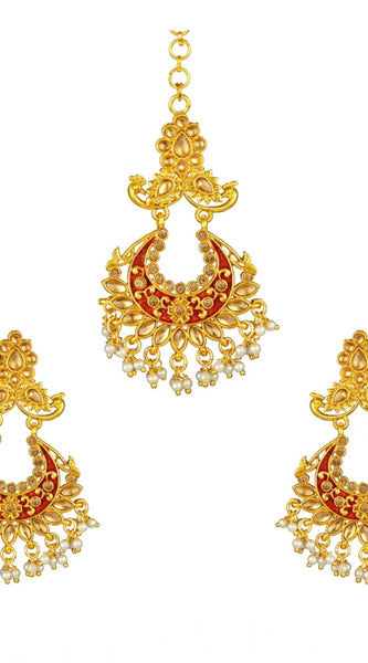 Mayawye Women's Rose Gold Plated Alloy Kundan Earrings & Mangtikka (Maroon)