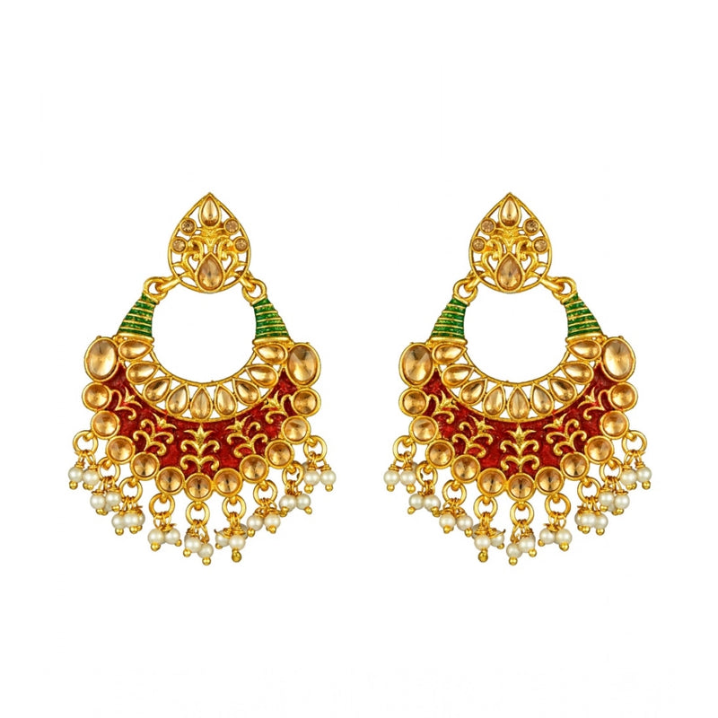 Mayawye Women's Rose Gold Plated Alloy Kundan Earrings & Mangtikka (Red & Green)