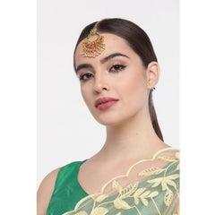 Mayawye Women's Rose Gold Plated Alloy Kundan Earrings & Mangtikka (Red & Green)