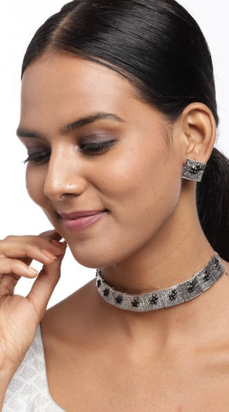 Mayawye Women's Rose Gold Plated Alloy Necklace & Earings Set (Silver & Black)