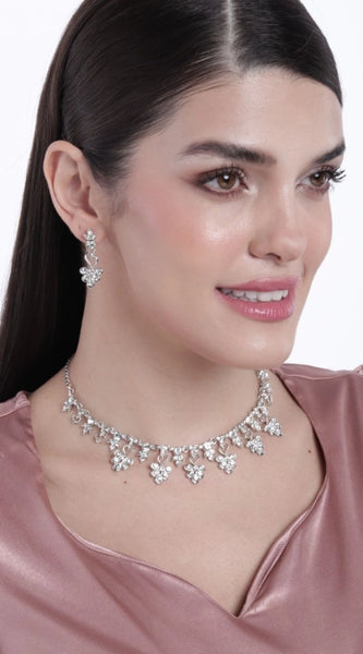 Mayawye Women's Rose Gold Plated Brass Necklace & Earings Set (Silver)
