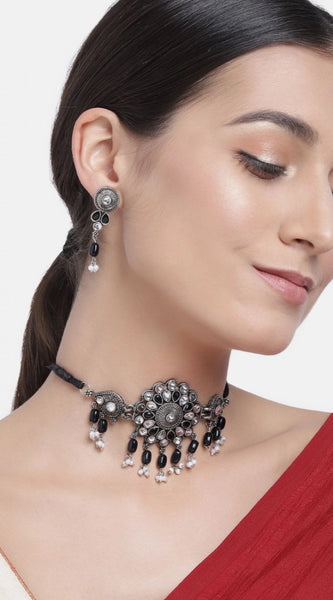 Mayawye Women's Rose Gold Plated Alloy Necklace & Earings Set (Black)