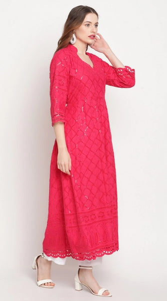 Mayawye Women's Casual 3/4th Sleeve Embroidered Cotton Kurti (Magenta)