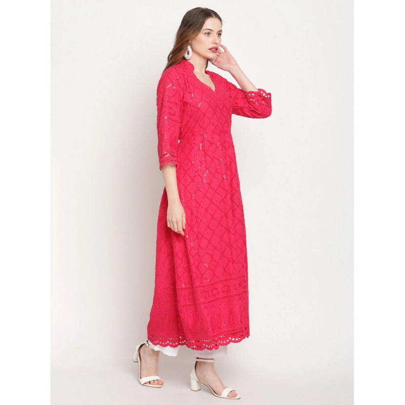 Mayawye Women's Casual 3/4th Sleeve Embroidered Cotton Kurti (Magenta)