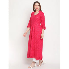 Mayawye Women's Casual 3/4th Sleeve Embroidered Cotton Kurti (Magenta)