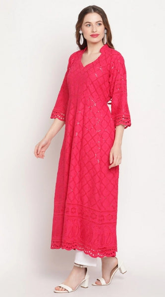 Mayawye Women's Casual 3/4th Sleeve Embroidered Cotton Kurti (Magenta)