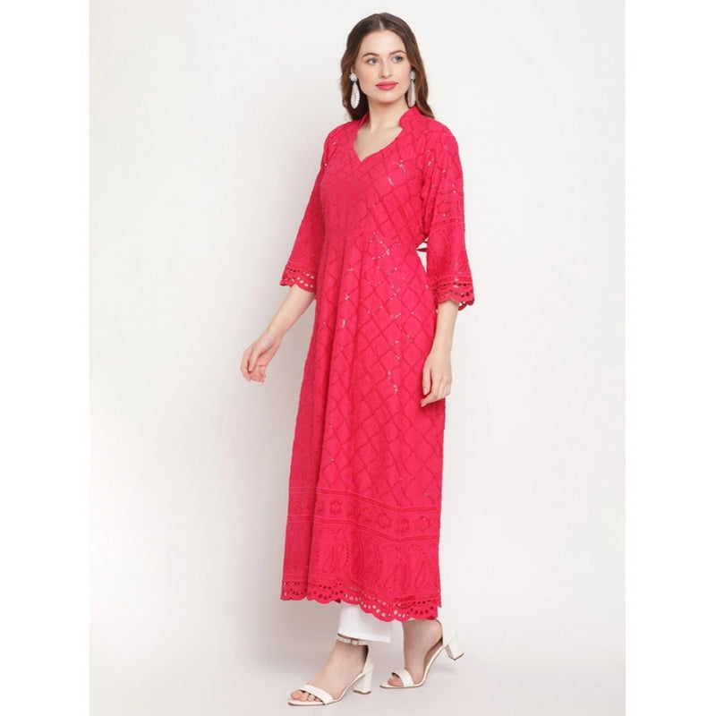 Mayawye Women's Casual 3/4th Sleeve Embroidered Cotton Kurti (Magenta)