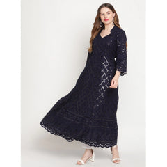 Mayawye Women's Casual 3/4th Sleeve Embroidered Cotton Kurti (Navy Blue)