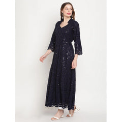 Mayawye Women's Casual 3/4th Sleeve Embroidered Cotton Kurti (Navy Blue)