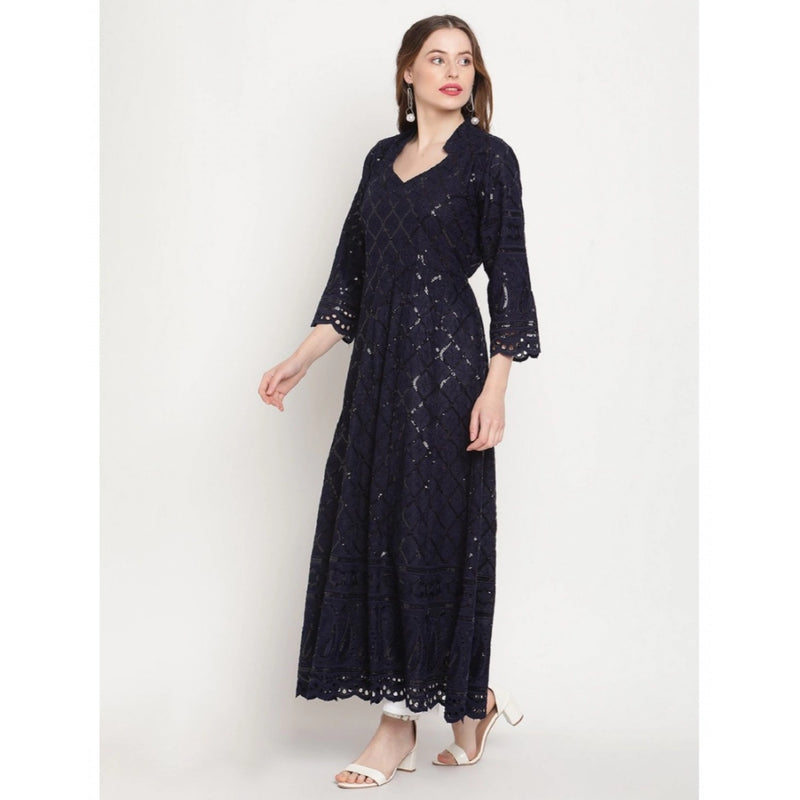Mayawye Women's Casual 3/4th Sleeve Embroidered Cotton Kurti (Navy Blue)