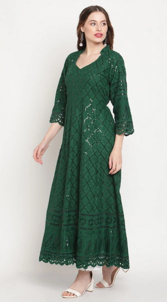 Mayawye Women's Casual 3/4th Sleeve Embroidered Cotton Kurti (Dark Green)