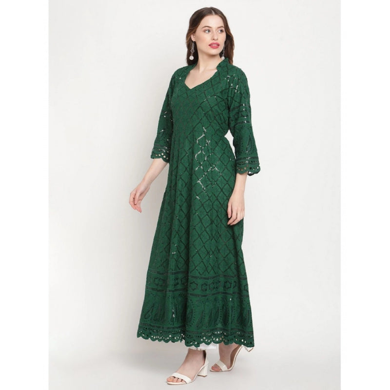 Mayawye Women's Casual 3/4th Sleeve Embroidered Cotton Kurti (Dark Green)