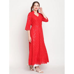Mayawye Women's Casual 3/4th Sleeve Embroidered Cotton Kurti (Red)