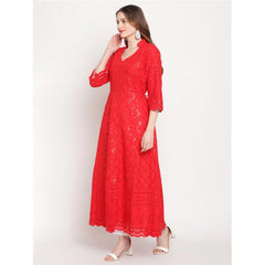 Mayawye Women's Casual 3/4th Sleeve Embroidered Cotton Kurti (Red)