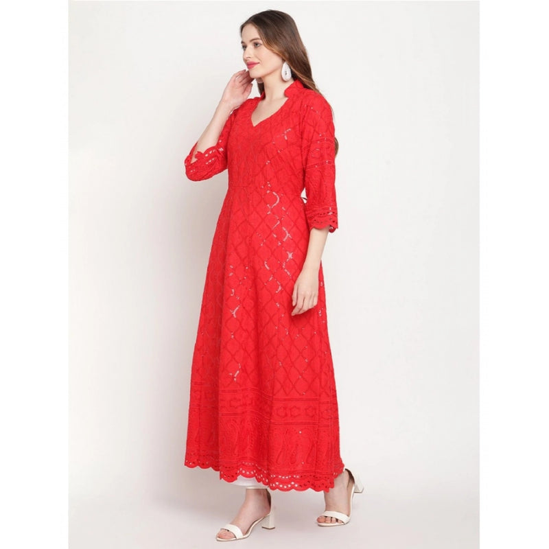 Mayawye Women's Casual 3/4th Sleeve Embroidered Cotton Kurti (Red)