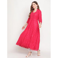 Mayawye Women's Casual 3/4th Sleeve Embroidered Cotton Kurti (Magenta)