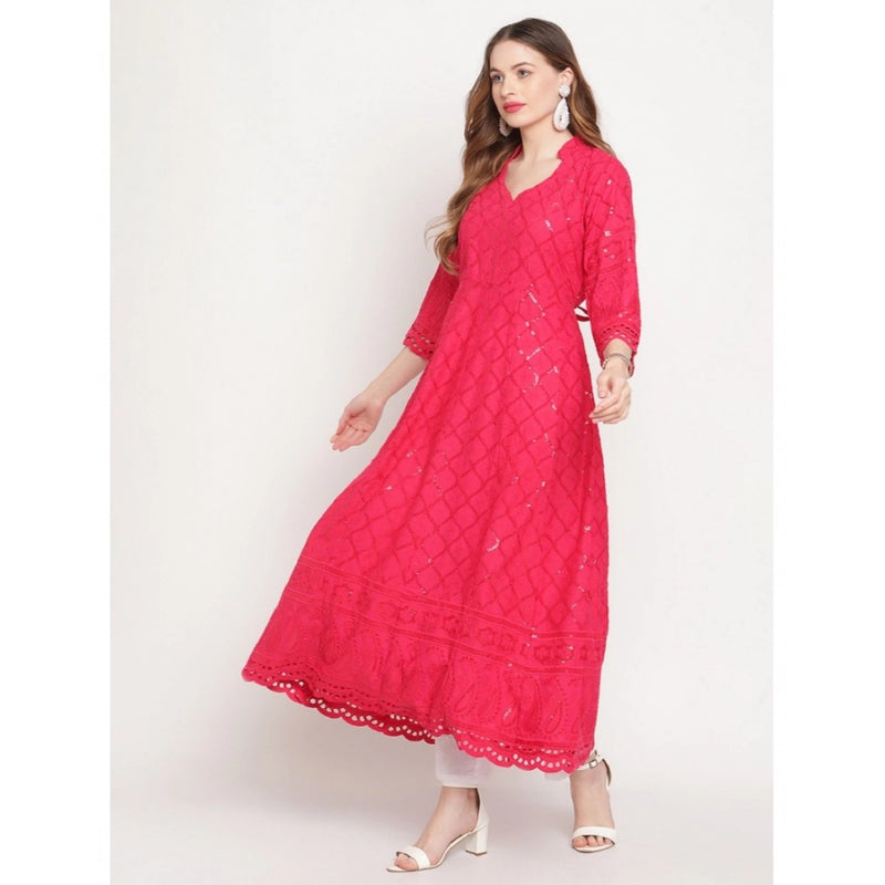 Mayawye Women's Casual 3/4th Sleeve Embroidered Cotton Kurti (Magenta)