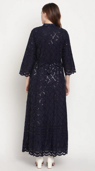 Mayawye Women's Casual 3/4th Sleeve Embroidered Cotton Kurti (Navy Blue)