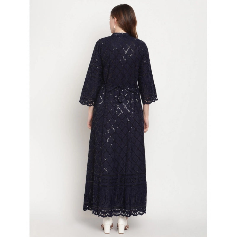 Mayawye Women's Casual 3/4th Sleeve Embroidered Cotton Kurti (Navy Blue)