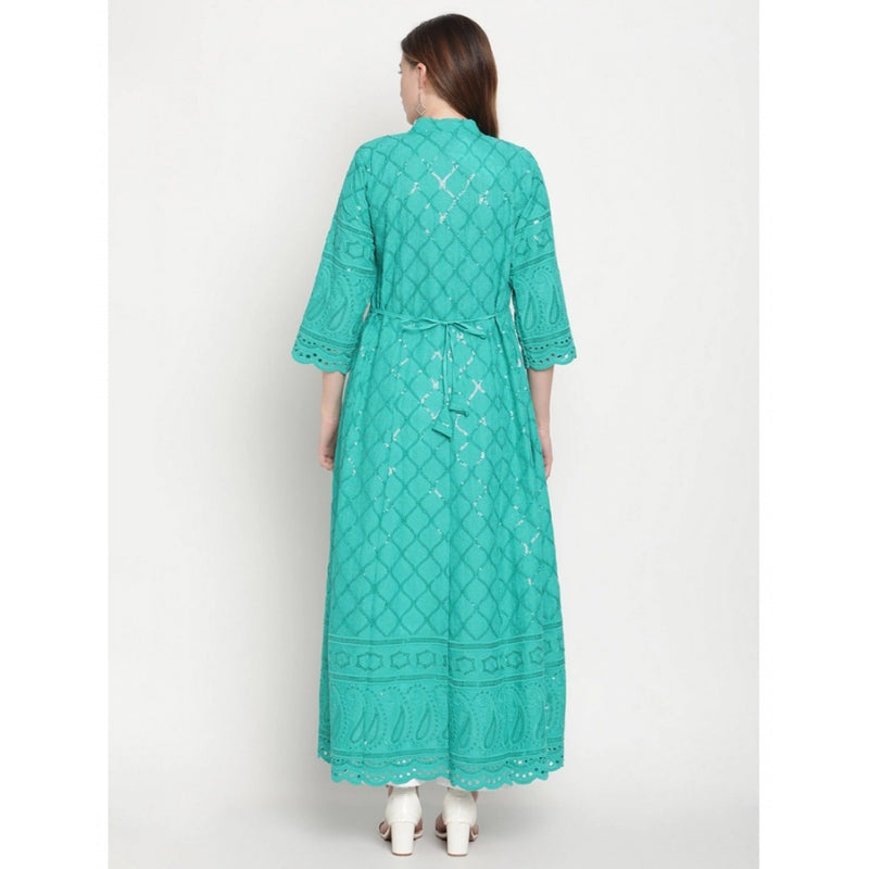 Mayawye Women's Casual 3/4th Sleeve Embroidered Cotton Kurti (Blue)