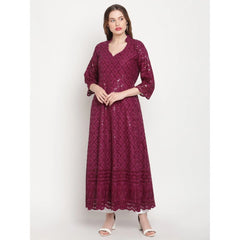 Mayawye Women's Casual 3/4th Sleeve Embroidered Cotton Kurti (Purple)