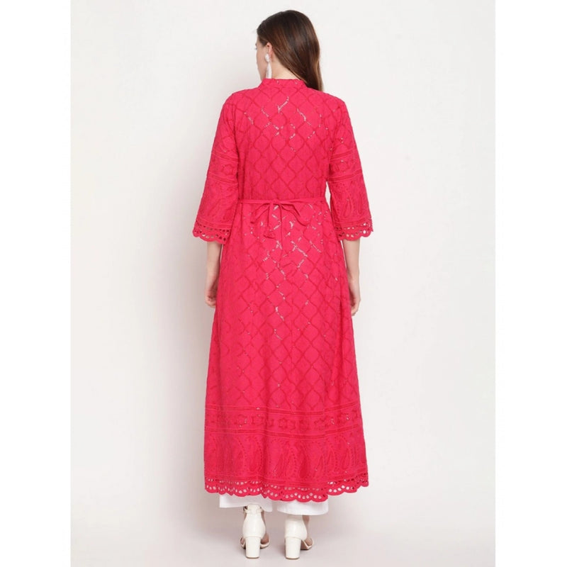 Mayawye Women's Casual 3/4th Sleeve Embroidered Cotton Kurti (Magenta)