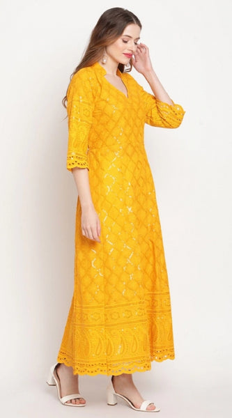 Mayawye Women's Casual 3/4th Sleeve Embroidered Cotton Kurti (Mustard)