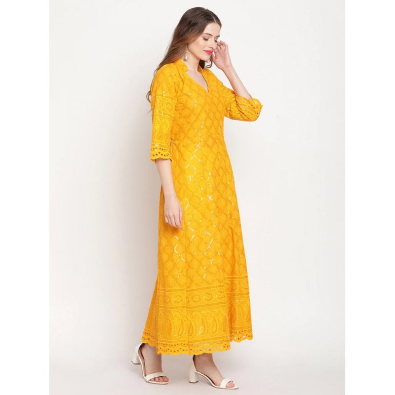 Mayawye Women's Casual 3/4th Sleeve Embroidered Cotton Kurti (Mustard)