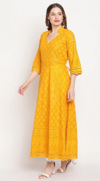 Mayawye Women's Casual 3/4th Sleeve Embroidered Cotton Kurti (Mustard)
